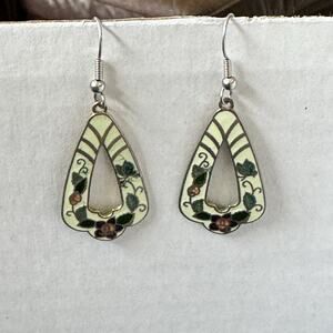 Vintage Teardrop Cloisonné Enamel Flower Dangle Earrings‎ Colorful Gold Trim